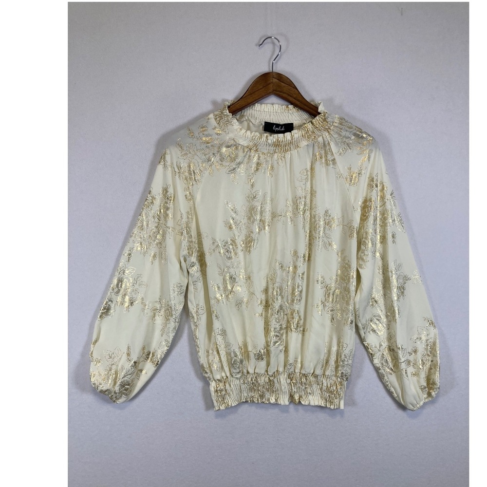 Victorian Inspired Blouse Women XL Cream Gold Metallic Floral Smocked High Neck